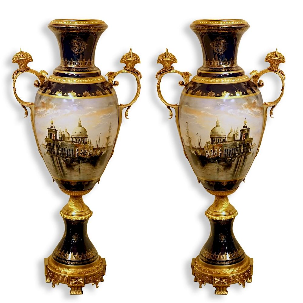 Appraisal: Pair Monumental Urns Pair of monumental palace size hand painted