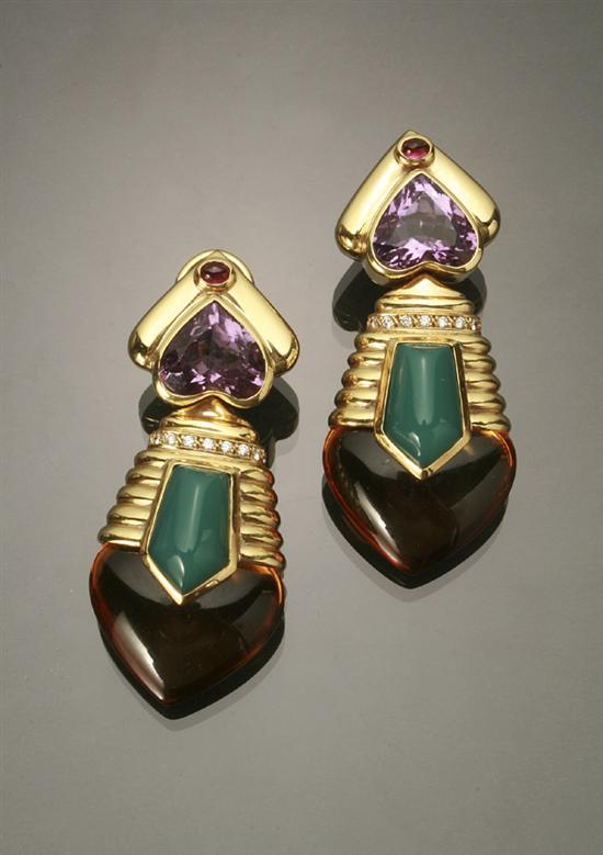 Appraisal: Pair of -Karat Yellow-Gold Diamond Ruby Amethyst Citrine and Green