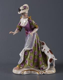 Appraisal: Nymphenburg Porcelain Figure Woman Dog Depicting a dog pulling down