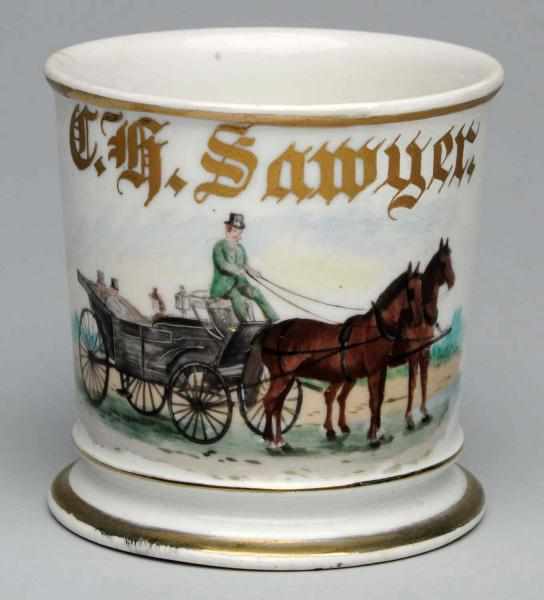 Appraisal: Man Driving Carriage Shaving Mug Gilt name C G Sawyer