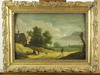 Appraisal: OOP - Three figures and dog in cottage landscape circa