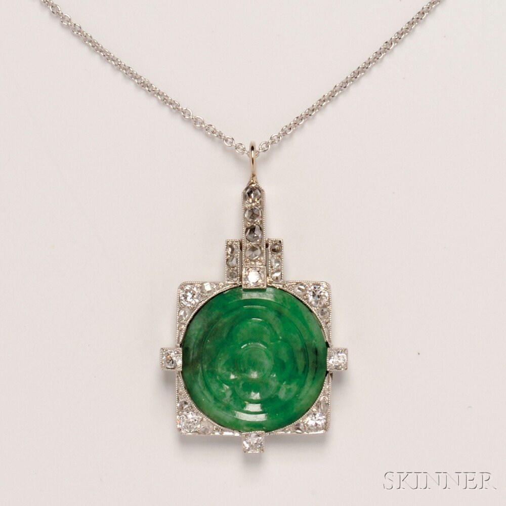 Appraisal: Art Deco-style Platinum Jade and Diamond Pendant the round jade