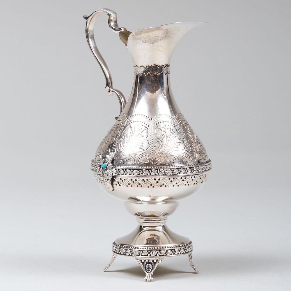 Appraisal: Continental Silver Ewer Inset with Turquoise Marked ' ' gilt