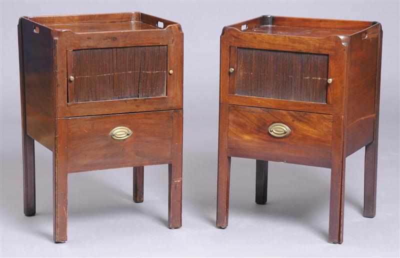 Appraisal: PAIR OF GEORGE III MAHOGANY BEDSIDE CUPBOARDS Each galleried top