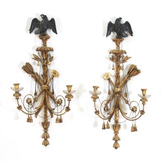 Appraisal: Pair Federal giltwood -light wall sconces Circa ebonized carved eagle