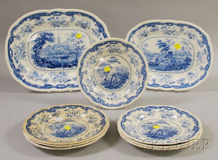 Appraisal: Nine Pieces of English Blue and White Chinese Marine Pattern