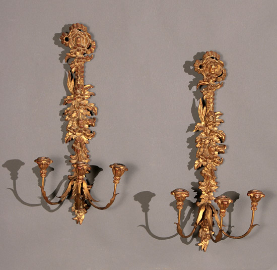 Appraisal: Pair of Italian Neoclassical Style Giltwood Three-Light Sconces th Century