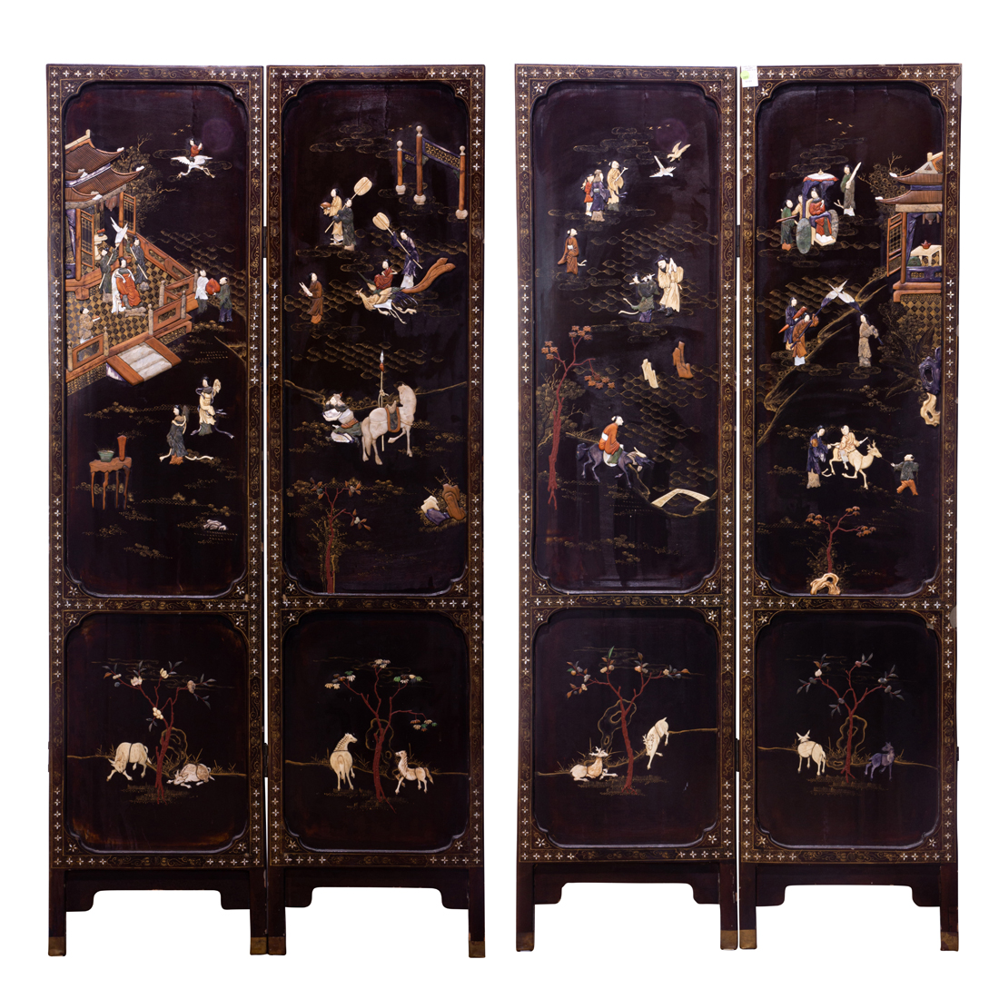 Appraisal: CHINESE STONE AND BONE OVERLAID FOUR-PANEL SCREEN Chinese stone and