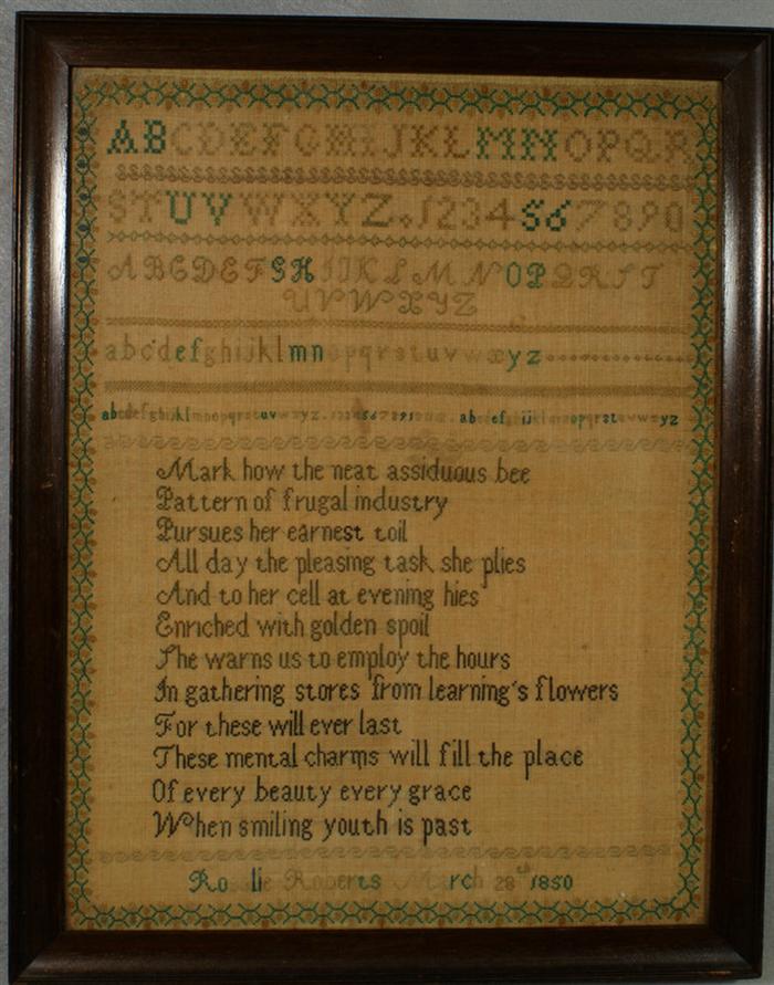 Appraisal: American needlework sampler Rosalie Roberts March with a verse praising