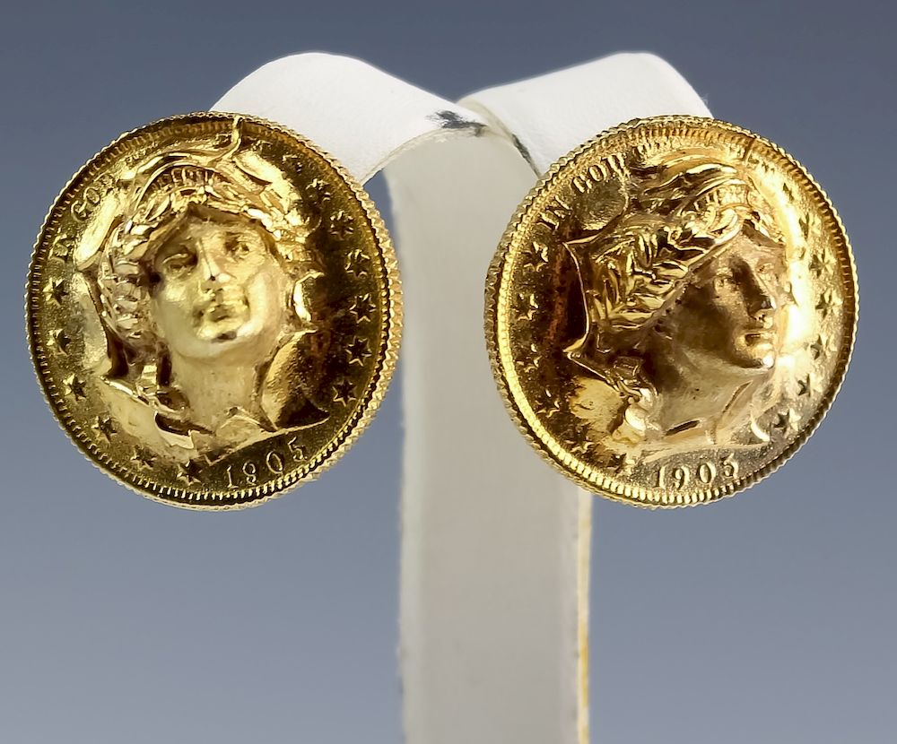 Appraisal: K Solid Gold Barber Coin Style Relief Earrings Solid gold