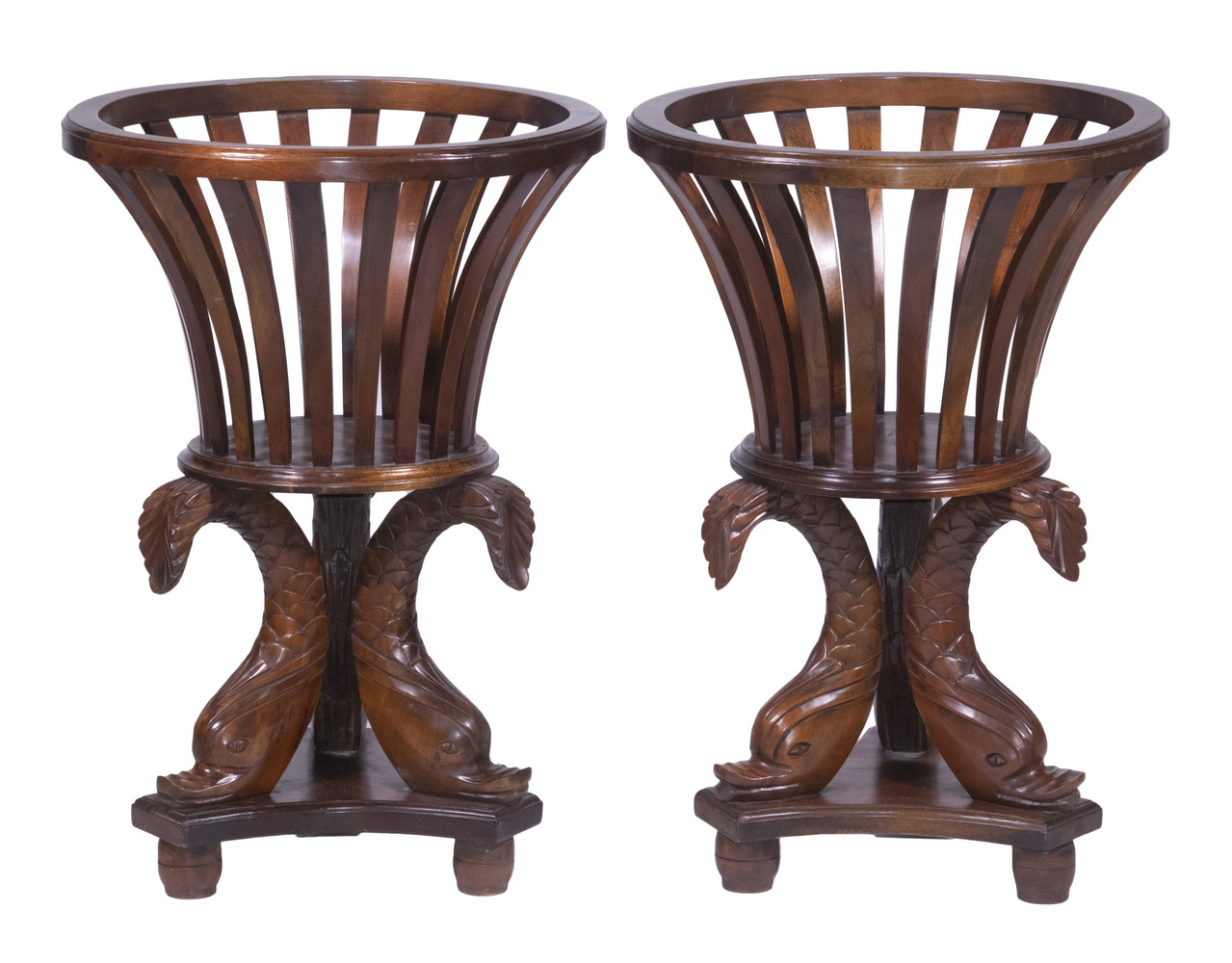 Appraisal: PR MAHOGANY DOLPHIN BASE PLANT STANDS Pair of Floorstanding Planters