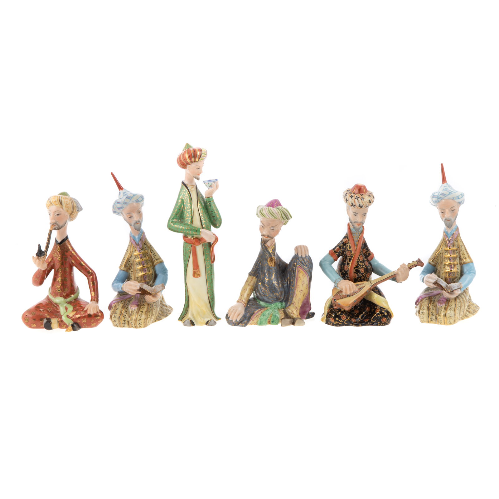 Appraisal: SIX HEREND PORCELAIN PERSIAN FIGURES Includes musician pipe smoker tea