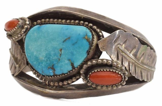 Appraisal: Heavy Native American silver content unknown cuff bracelet with turquoise