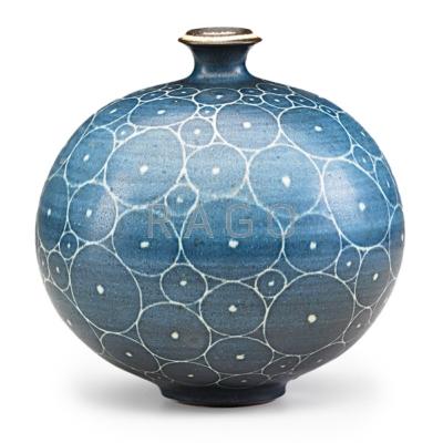 Appraisal: HARRISON McINTOSH b Glazed stoneware spherical vase with circle pattern