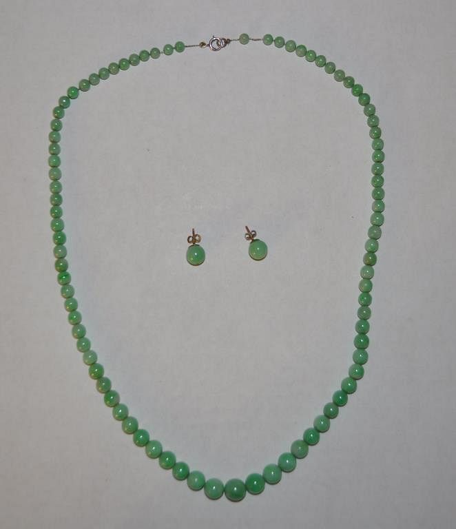 Appraisal: Apple Jade Necklace Matching Earrings with graduated beads Necklace long