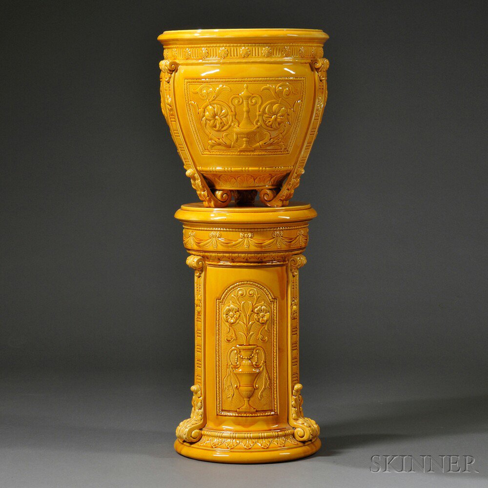 Appraisal: Wedgwood Majolica Jardiniere on Pedestal Base England c allover marigold-colored