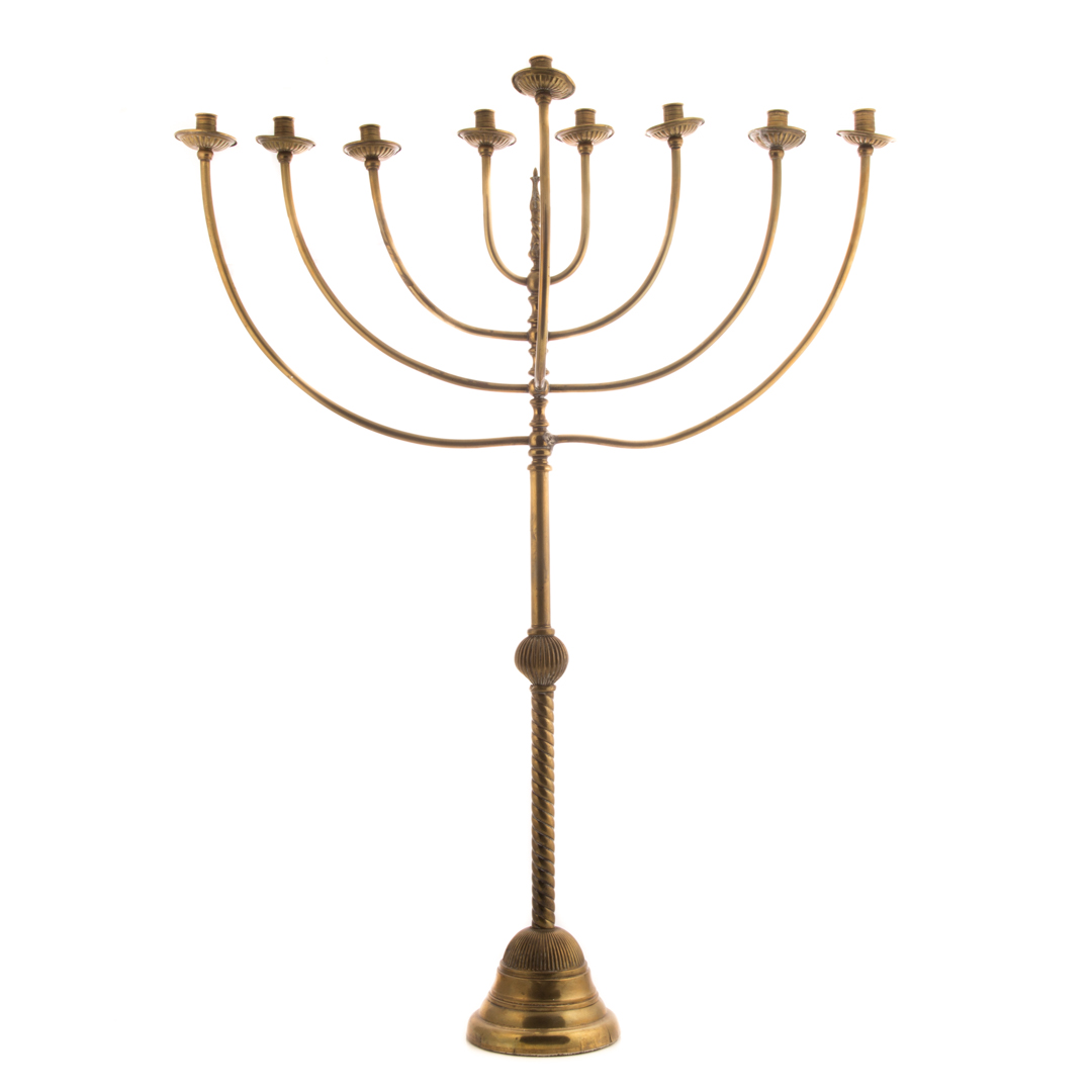 Appraisal: Large brass menorah first quarter- th century twist shaft on