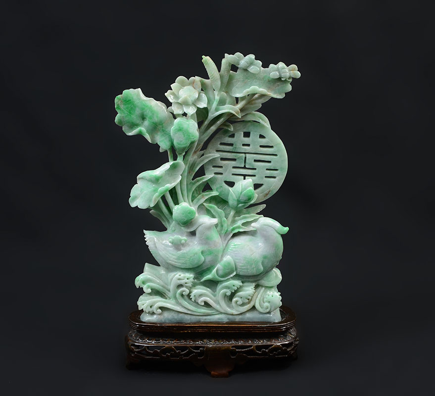 Appraisal: CHINESE CARVED JADEITE BIRDS FIGURAL GROUP Apple green lavender and