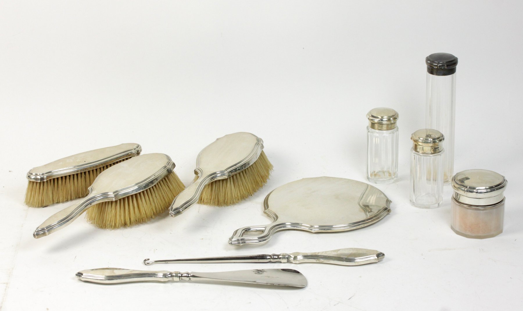 Appraisal: A silver mounted dressing table set CD London comprising a