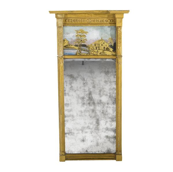 Appraisal: ENGLISH TRANSITIONAL MIRROR In gilded frame with reverse-painted scene ca