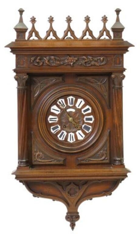 Appraisal: French Gothic Revival wall clock th c carved walnut case