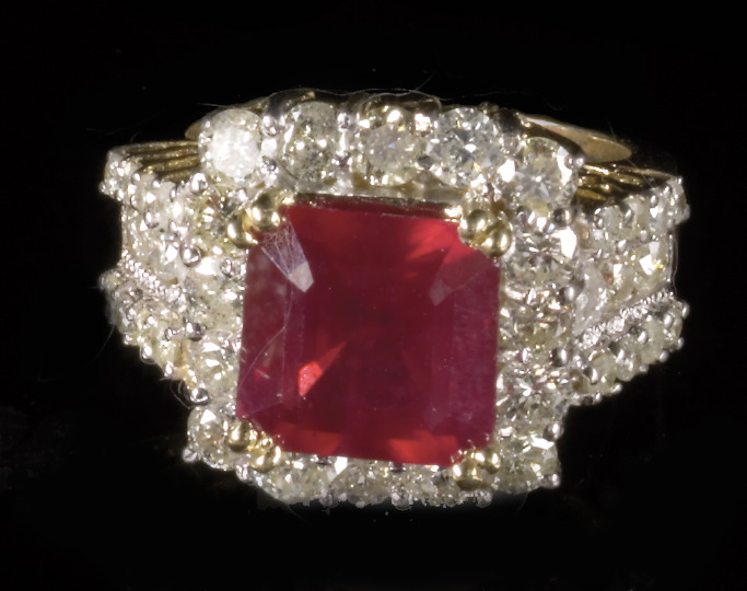 Appraisal: Fourteen-Karat Yellow Gold Ruby and Diamond Ring featuring one prong-set