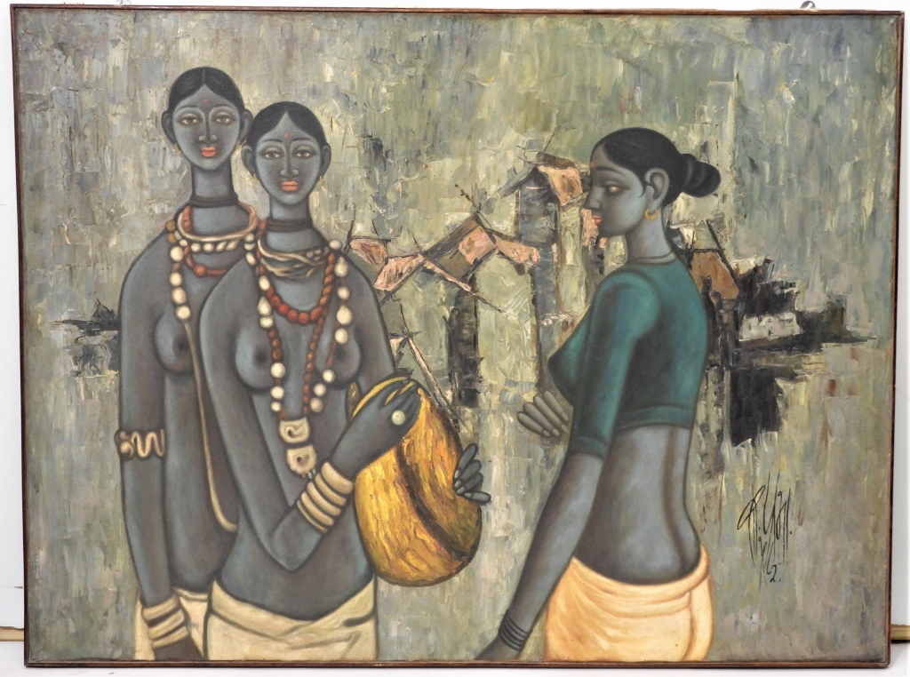 Appraisal: B PRABHA WOMEN FIGURE PAINTING India - Depicts two bare