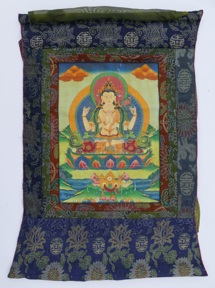 Appraisal: Tibetan Painted Avalokiteshvara Thangka Silk Mounted ''x ''