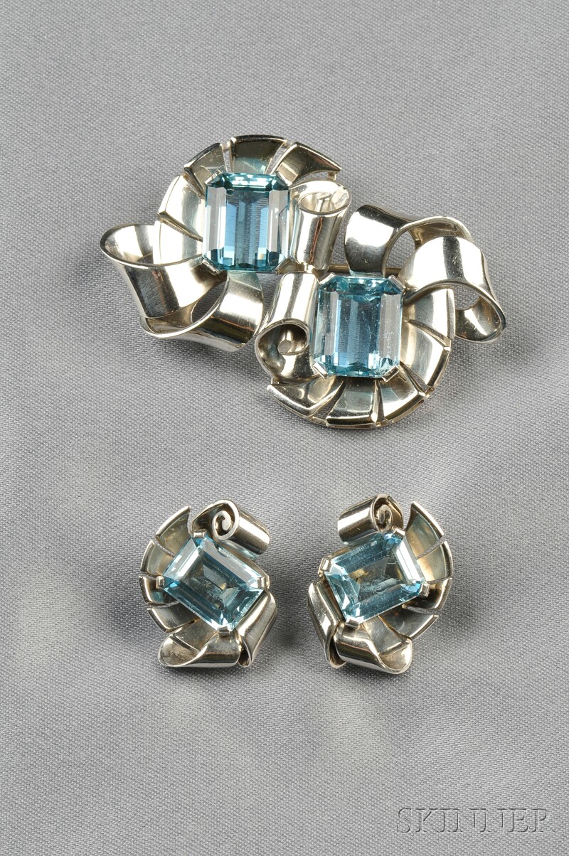 Appraisal: Retro Aquamarine Suite the brooch set with two emerald-cut aquamarines