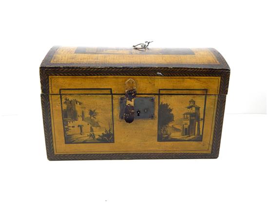 Appraisal: th C painted small trunk or toilette case architectural vignettes