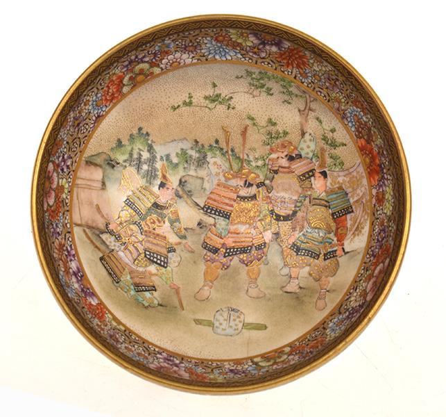 Appraisal: JAPANESE SATSUMA BOWL WITH INTERNAL SAMURAI SCENE POSSIBLY SEIKOZAN HAIRLINE