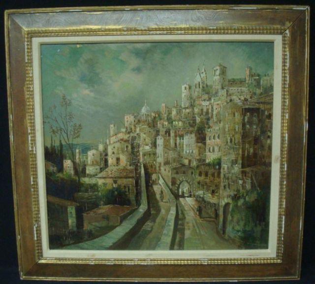 Appraisal: Unsigned Oil On Masonite Village Scene Not apparently signed Size