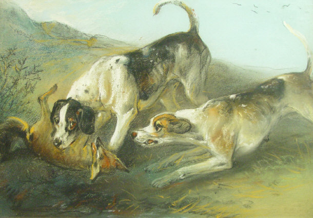 Appraisal: Unsigned pastel and charcoal study of hunting dogs attacking a