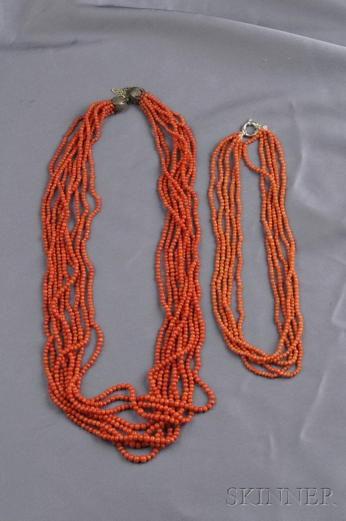 Appraisal: Two Multi-strand Coral Bead Necklaces composed of nine strands strung