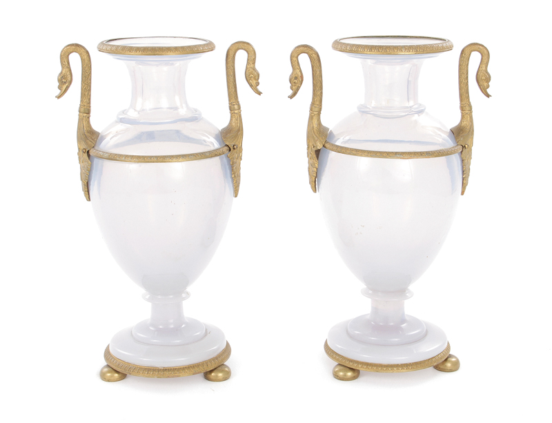 Appraisal: Pair Louis Philippe ormolu-mounted opaline vases circa swan's-neck mounts translucent