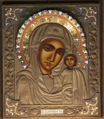 Appraisal: Russian silvered metal and enamel icon Kazan Mother of God