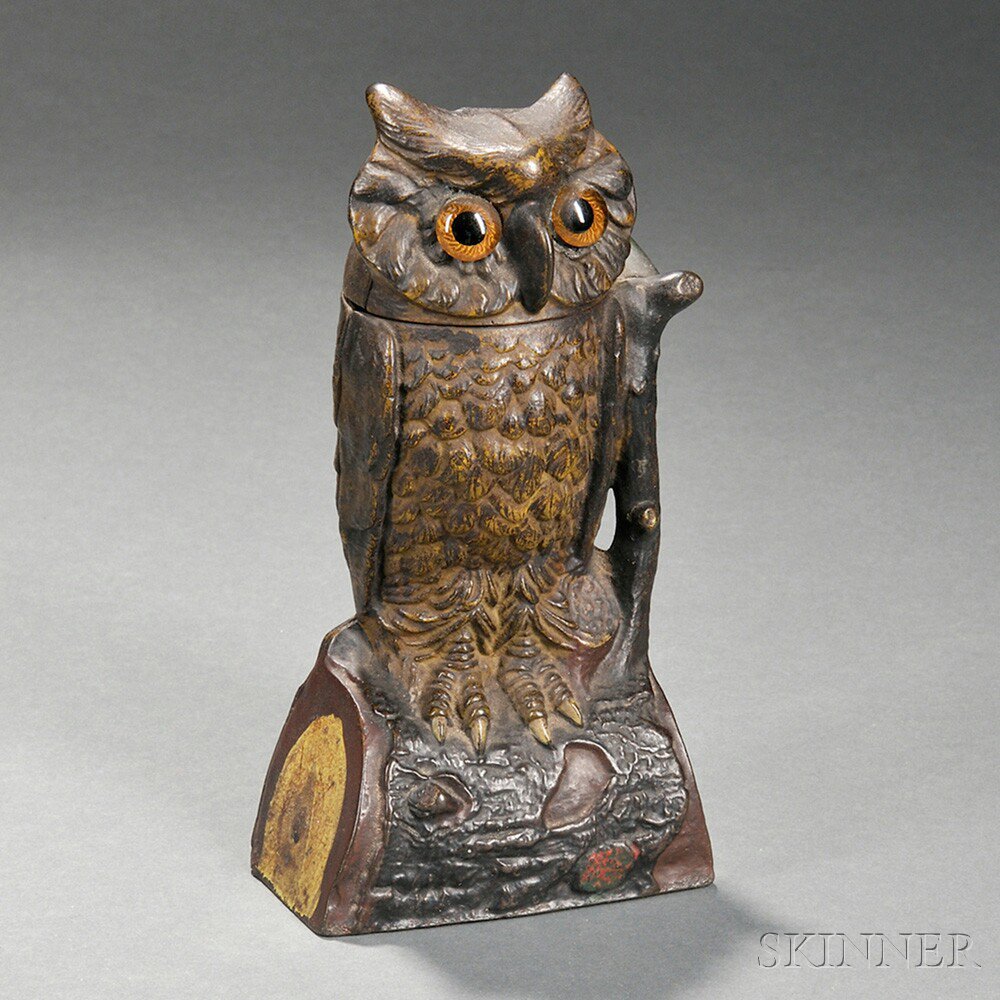 Appraisal: Painted Cast Iron Owl Bank J E Stevens Co th