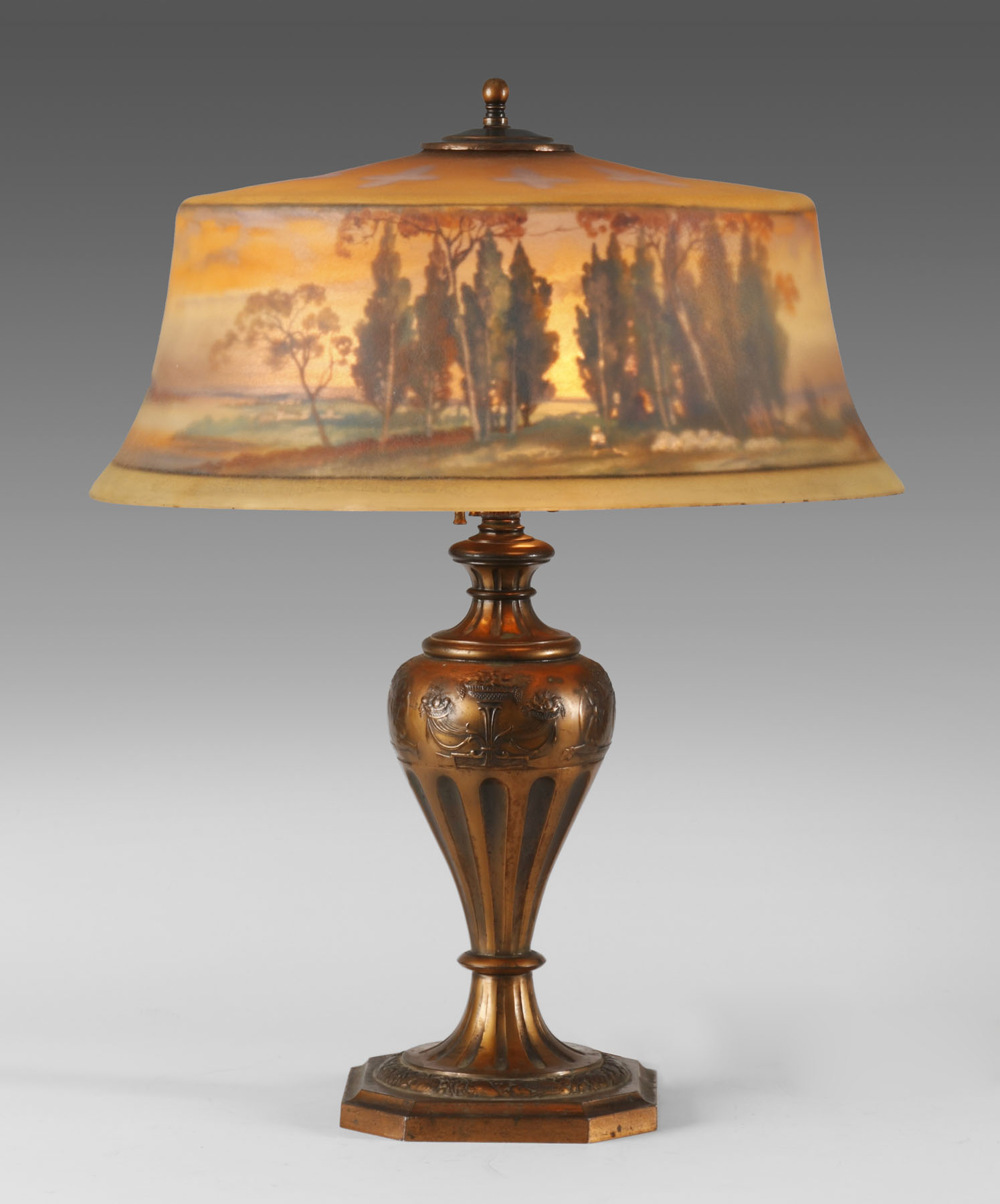 Appraisal: Reverse Painted Pairpoint Lamp Fall lake scene Stamped The Pairpoint