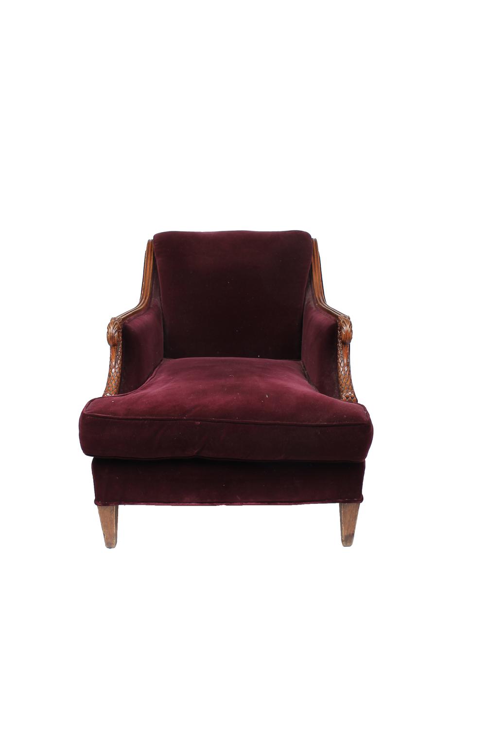 Appraisal: WALNUT BURGUNDY UPHOLSTERED CLUB CHAIRwith carved swan motif arms inches