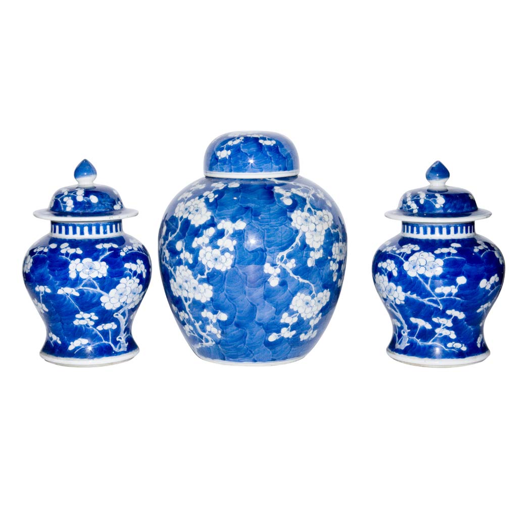 Appraisal: Chinese Blue and White Porcelain Three-Piece Garniture Height of tallest