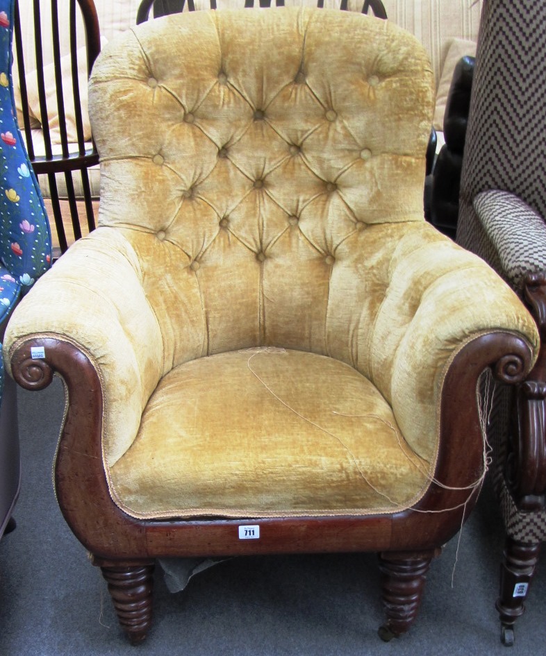 Appraisal: A William IV mahogany framed armchair on tapering bobbin turned