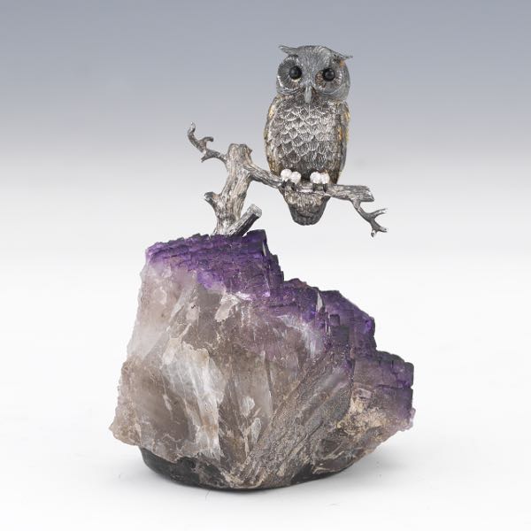 Appraisal: ARTISAN STERLING SILVER OWL ON PURPLE MINERAL ROCK FIGURINE x