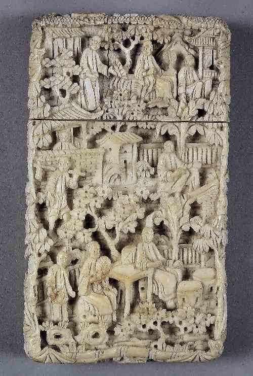 Appraisal: A Cantonese ivory card case carved with figures at leisure