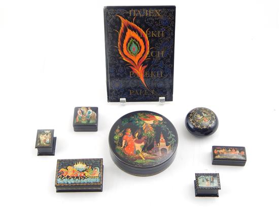 Appraisal: Seven th C Russian lacquer boxes along with a book