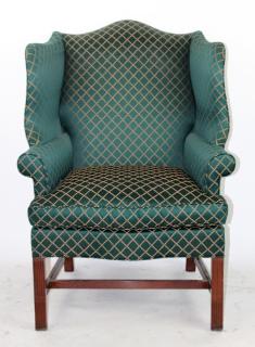 Appraisal: Chippendale style wing back chair in green upholstery h x