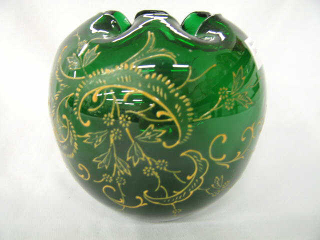 Appraisal: Victorian Art Glass Rose Bowl enameled floral on deep green