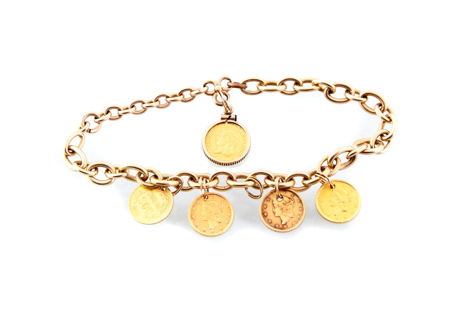 Appraisal: GOLD CHARM BRACELET WITH LIBERTY ONE DOLLAR COIN CHARMS American