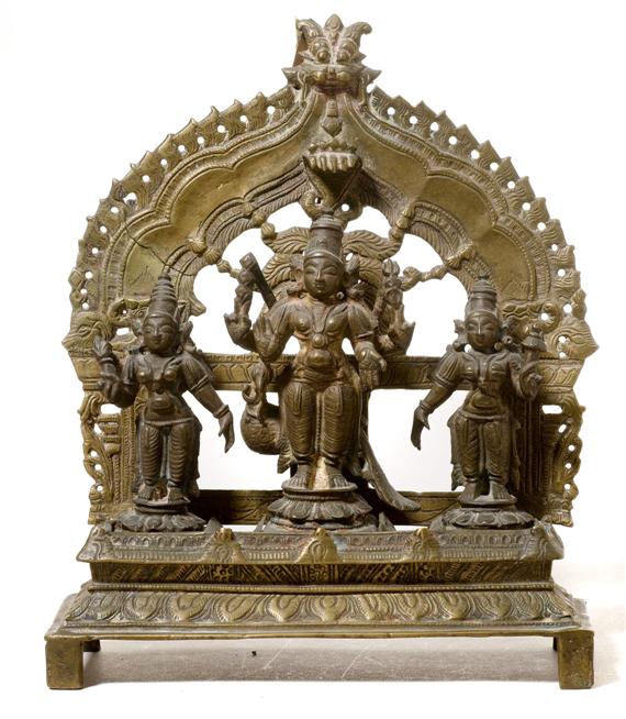 Appraisal: A BRONZE FIGURE OF A STANDING SKANDA TRILOGY Southern India