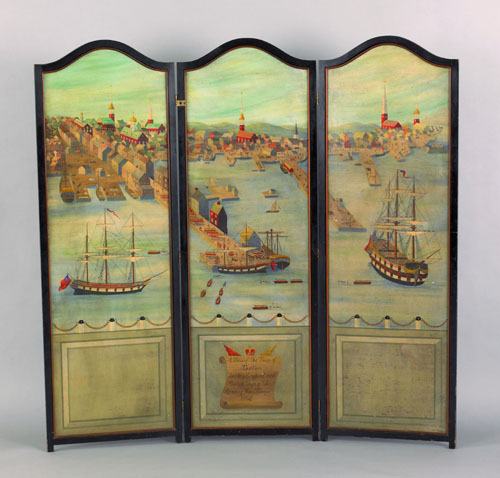 Appraisal: American oil on board three part folding screen mid th