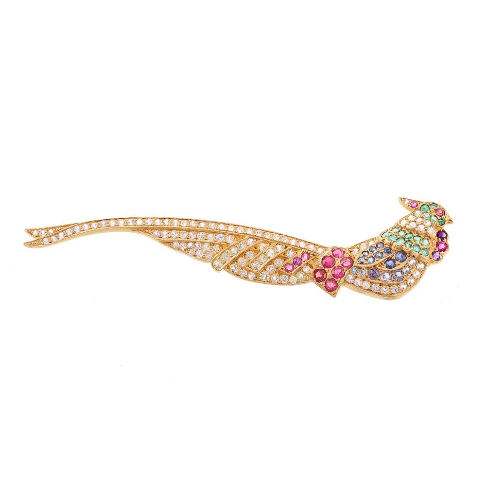 Appraisal: A Multi-Gemstone Pheasant Brooch in K K yellow gold pheasant